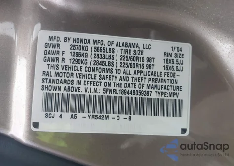 2004 Honda Odyssey Ex-L z USA, uszkodzony, nr VIN 5FNRL18944B059387